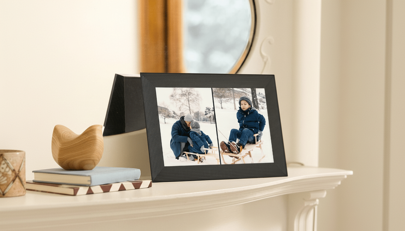 A black digital photo frame displaying two winter scenes, one of an adult and child on a sled, and another of a child on a sled, sits on a white mantelpiece next to a wooden sculpture and books.
