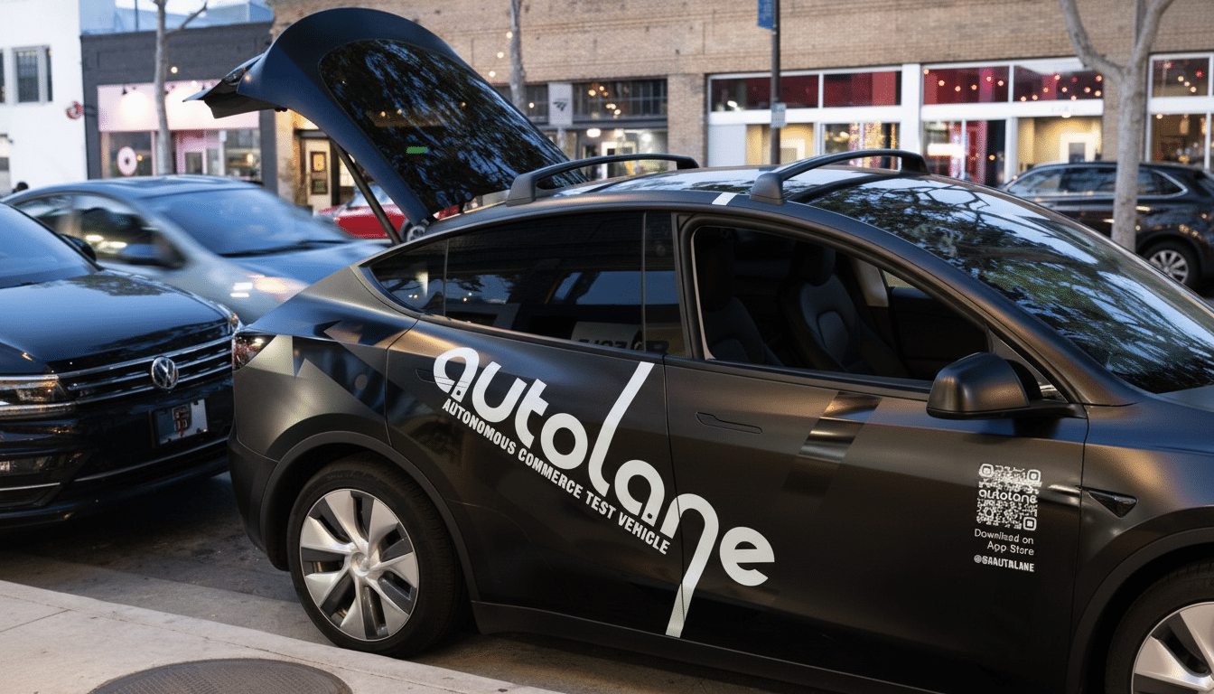 A black Tesla Model Y with autolane and AUTONOMOUS COMMERCE TEST VEHICLE written on its side, parked on a city street with its trunk open.