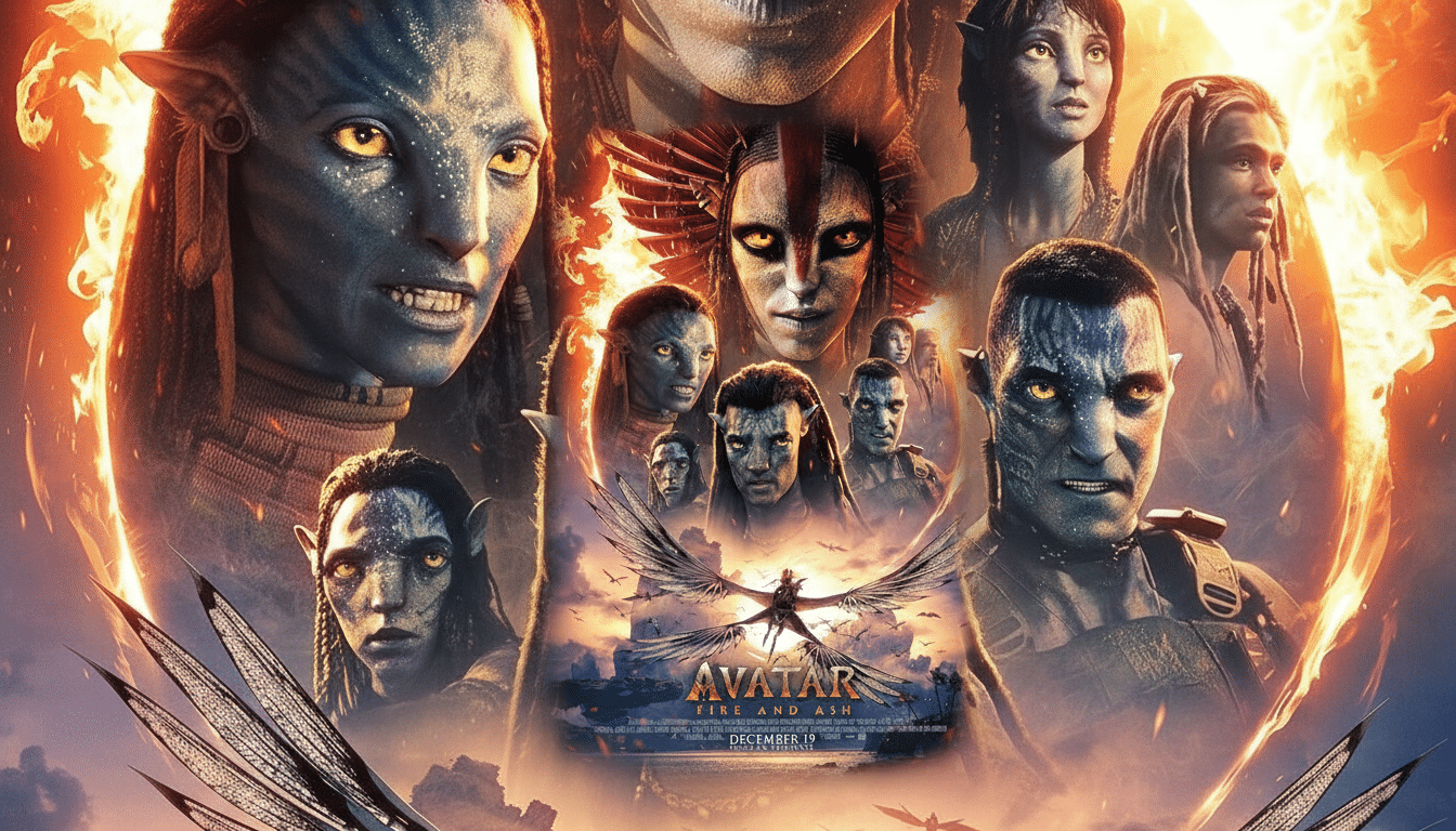 A movie poster for Avatar: Fire and Ash featuring multiple Navi characters and a fiery background, resized to a 16:9 aspect ratio.