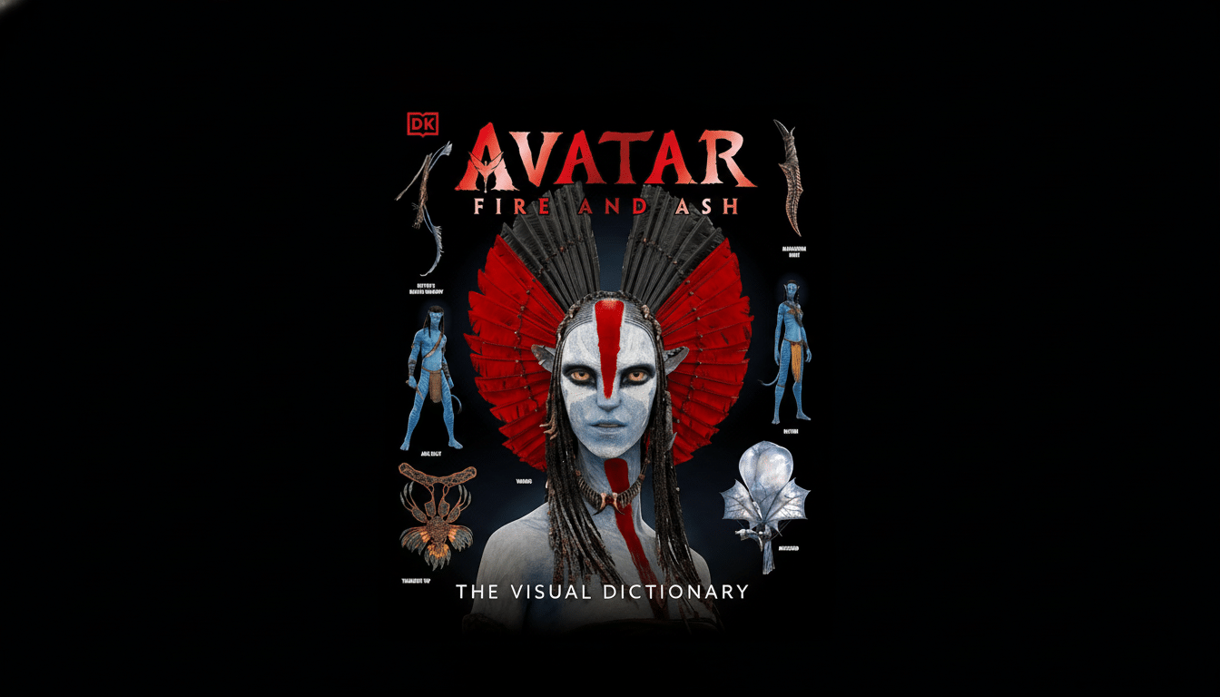 A professionally enhanced image of the Avatar: Fire and Ash - The Visual Dictionary cover, resized to a 16:9 aspect ratio. The central figure, Varang, is prominently displayed with her red and black headdress, surrounded by smaller images of other characters and artifacts from the Avatar universe, all set against a clean black background.