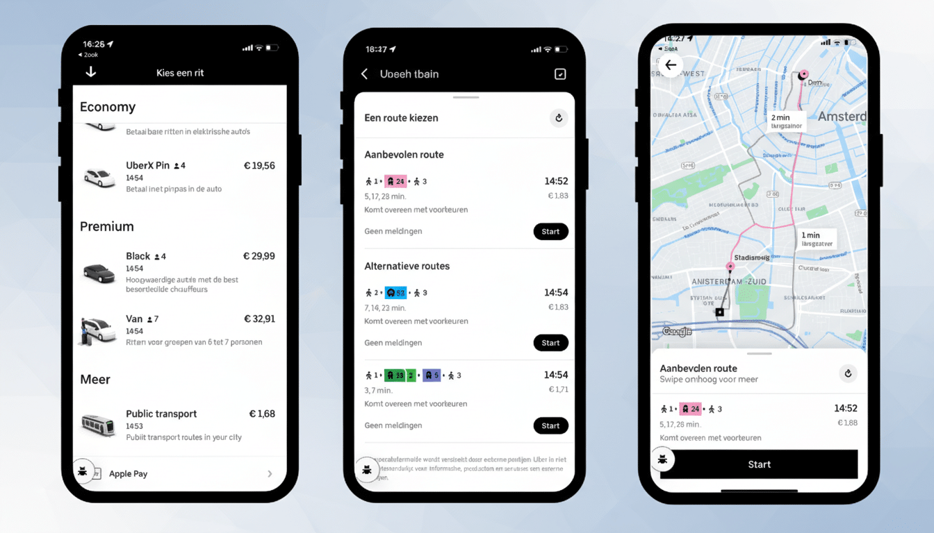 Three smartphone screens displaying the Uber app interface, showcasing ride options, route selection, and a map view, all presented on a clean, professional background with a 16:9 aspect ratio.