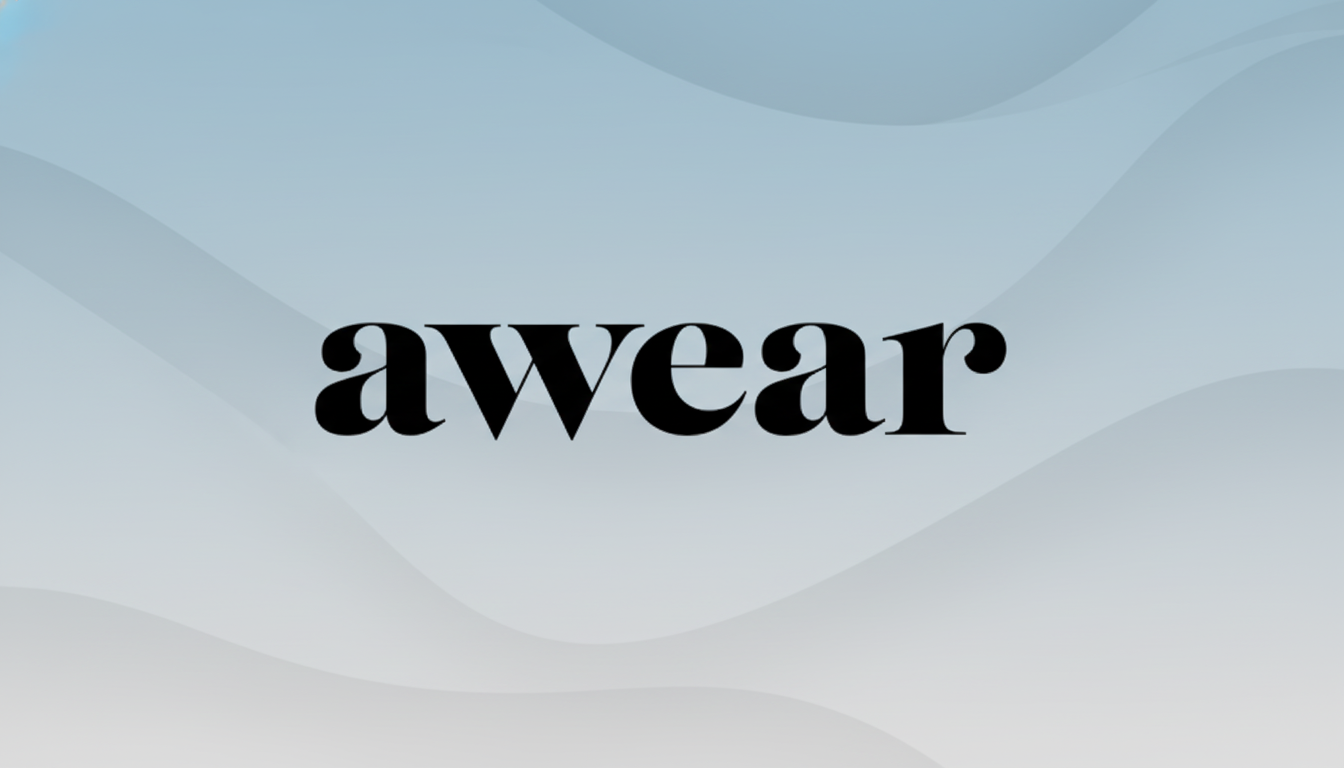 The awear logo in black text on a professional flat design background with soft blue and grey gradients and subtle wave patterns.