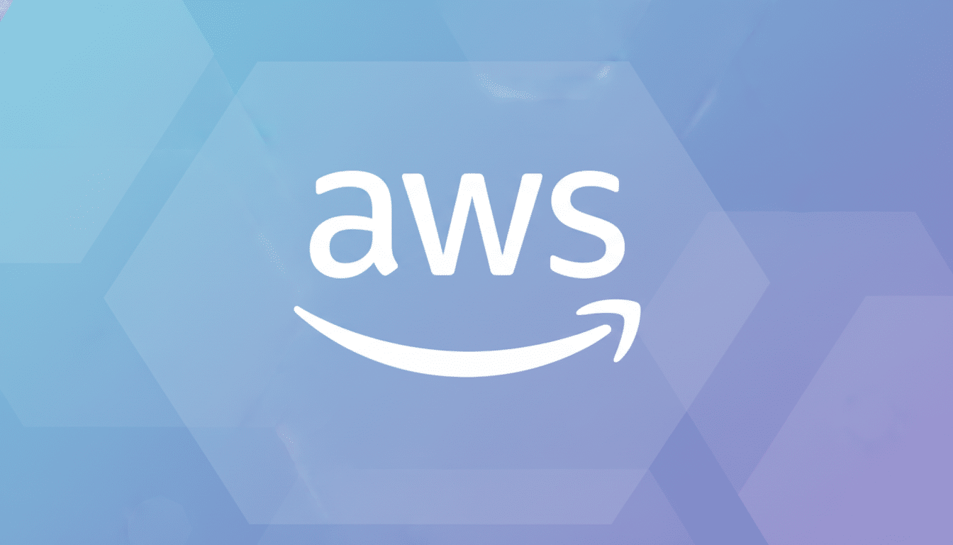 The AWS logo, featuring aws in white lowercase letters with the Amazon smile logo underneath, centered on a professional flat design background with soft, light blue and purple hexagonal patterns.