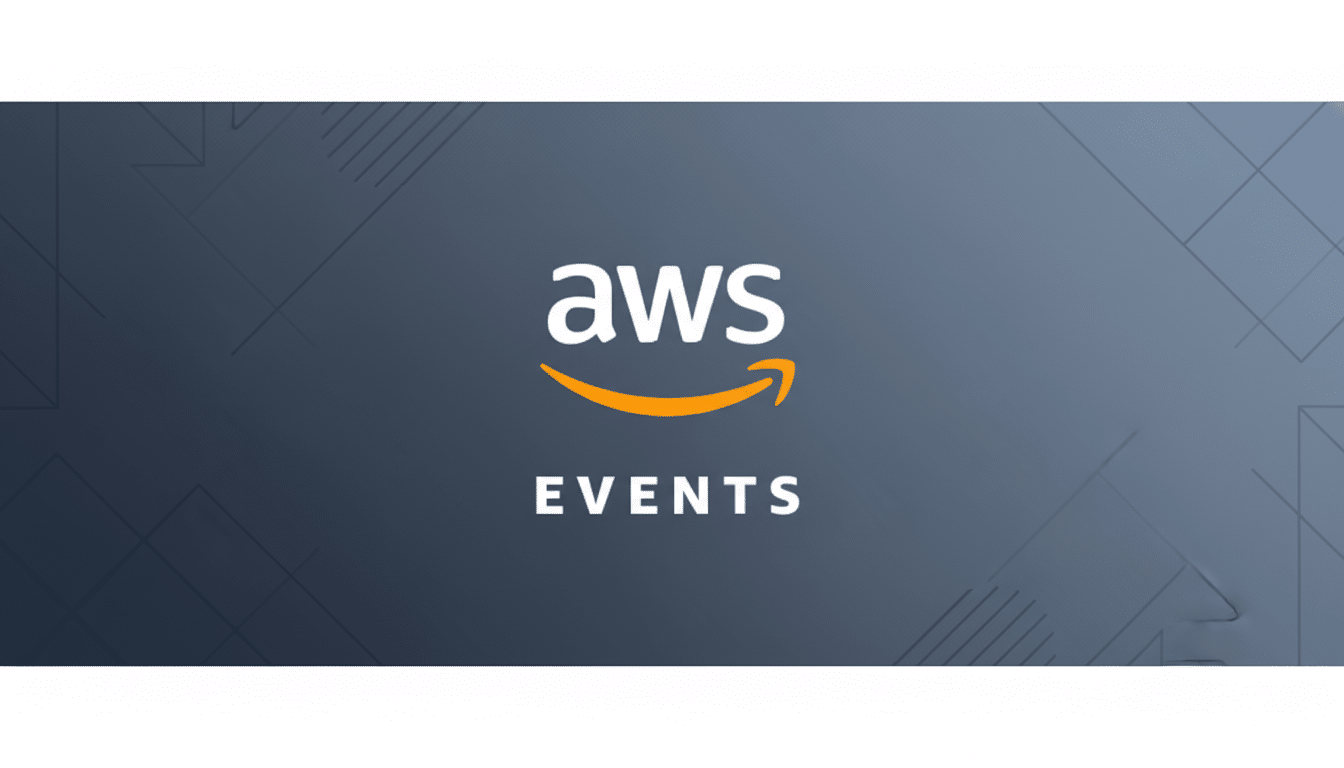 The AWS Events logo, featuring aws in white with an orange swoosh underneath, and EVENTS in white text below, centered on a dark gray background with subtle geometric patterns.