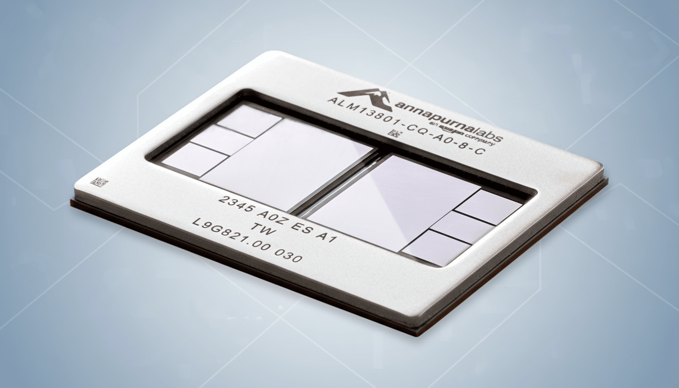 A close-up, professionally enhanced image of an Annapurna Labs ALM13801-CQ-A0-8-C processor on a soft blue gradient background with subtle geometric patterns, resized to a 16:9 aspect ratio.