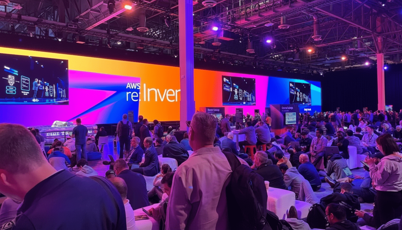 A large conference hall filled with attendees, with AWS re:Invent displayed on a large screen in the background.
