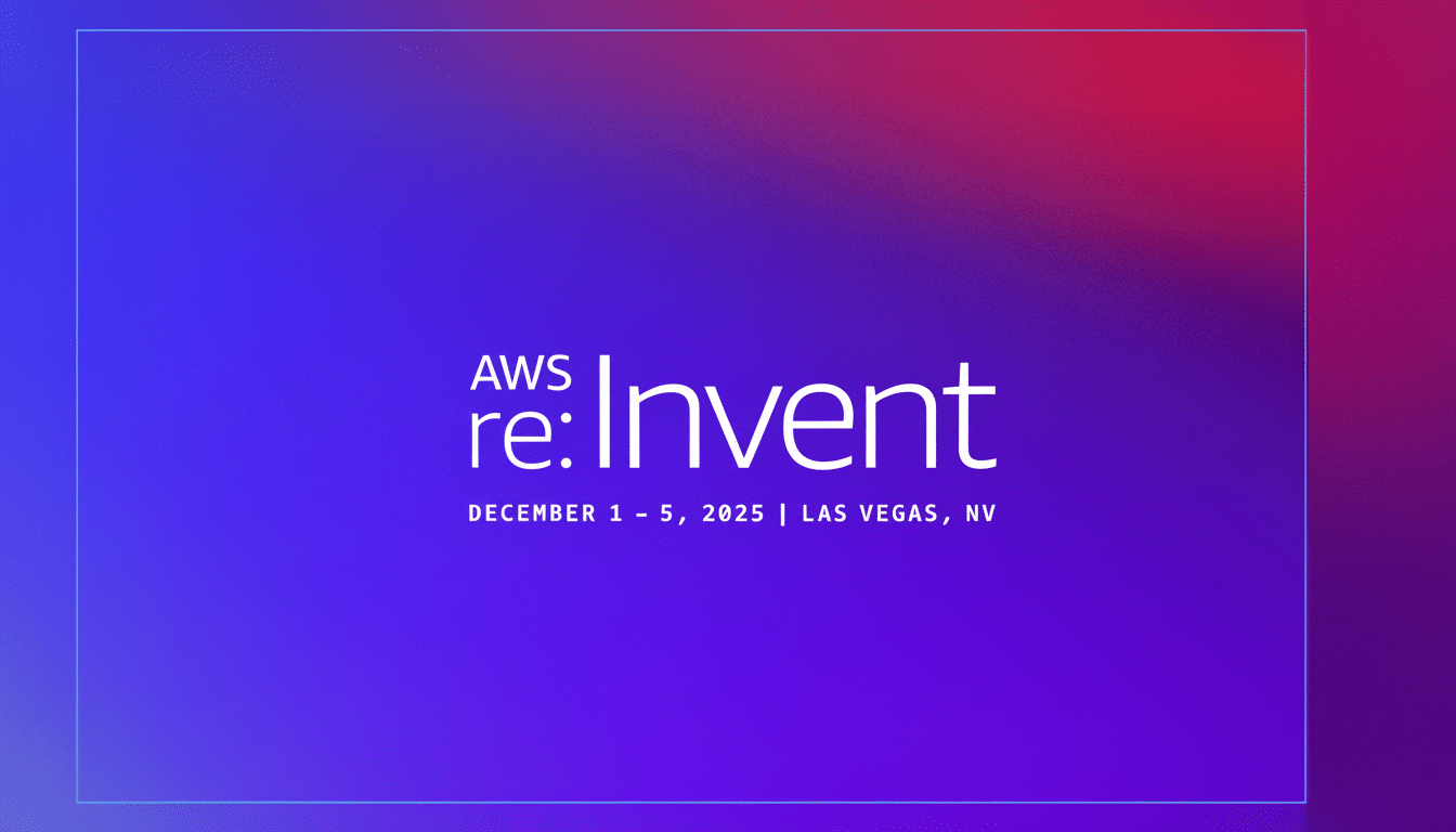 The AWS re:Invent 2025 logo and event details on a blue and red gradient background.