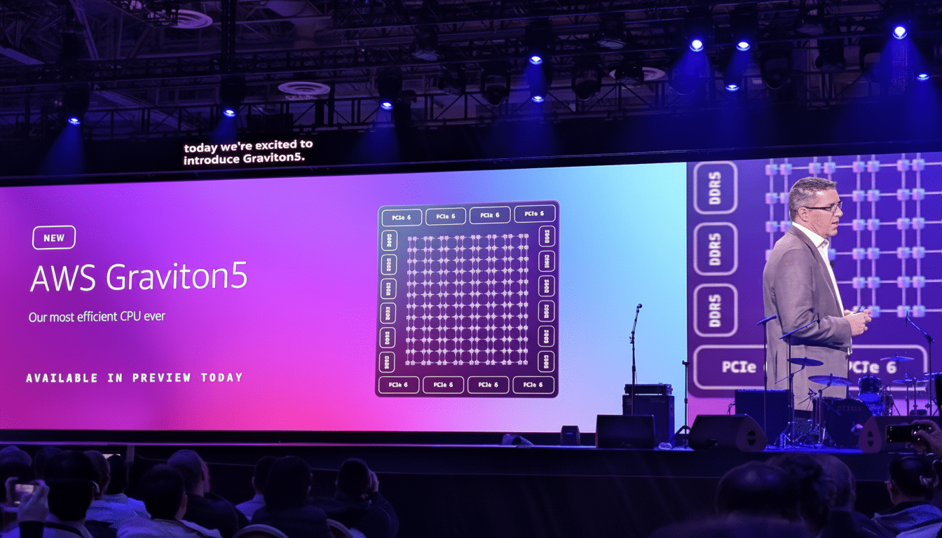 A man in a suit presenting on a stage in front of a large screen displaying AWS Graviton5 and a diagram of a chip.