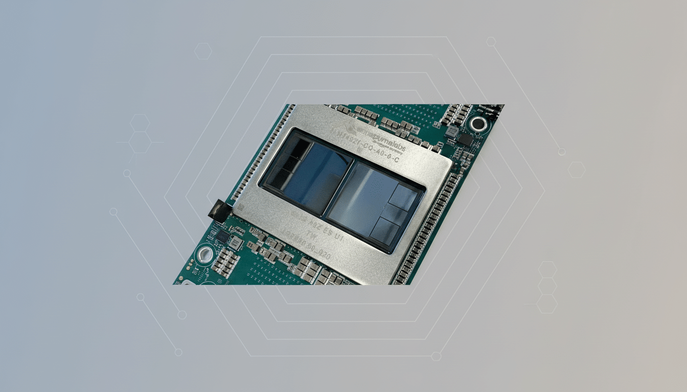 A close-up, professionally enhanced image of a computer chip on a circuit board, resized to a 16:9 aspect ratio with a clean, soft gradient background featuring subtle hexagonal patterns.