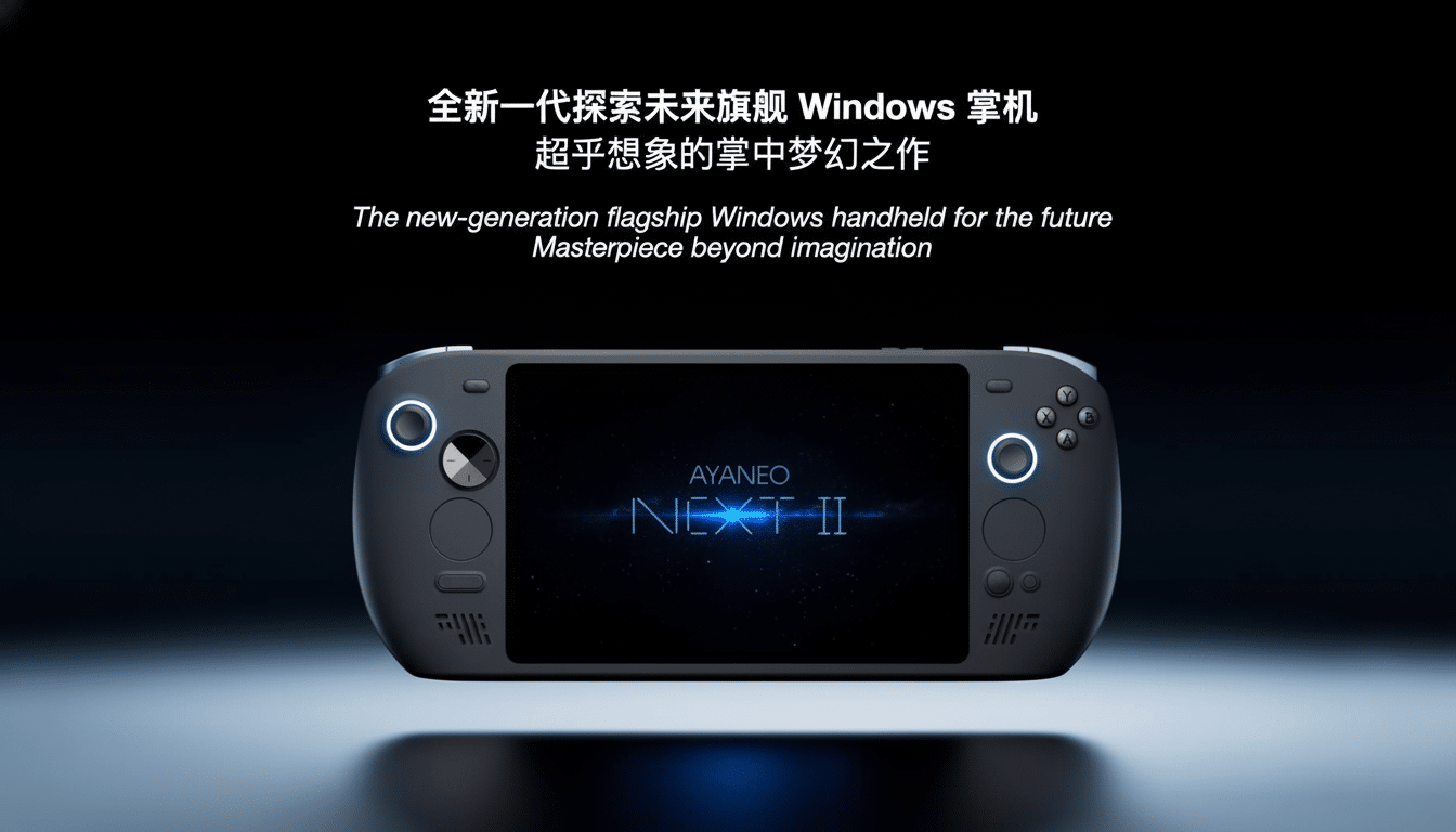 A dark grey handheld gaming console with glowing blue accents on a dark background, with white and blue text above it.