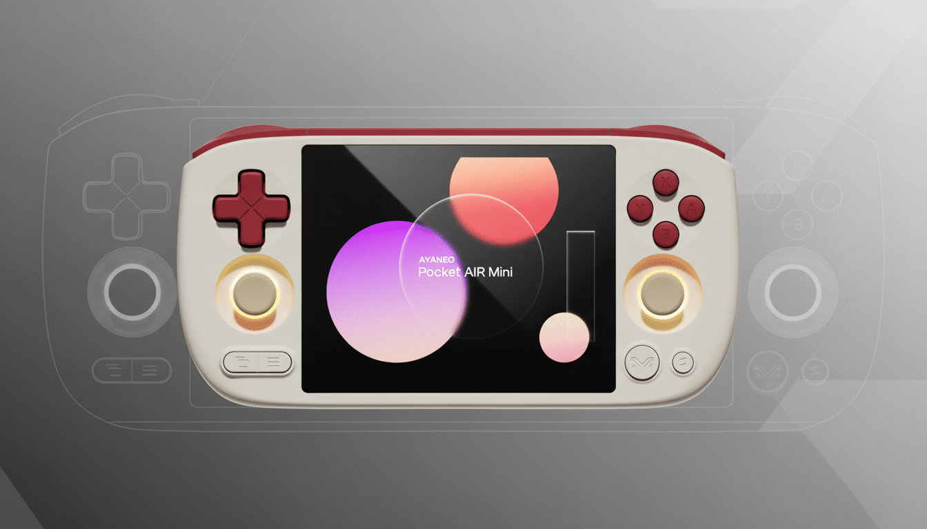 A white and red AYANEO Pocket AIR Mini handheld gaming console with a screen displaying colorful abstract shapes, set against a professional flat gray background with a subtle outline of the console.
