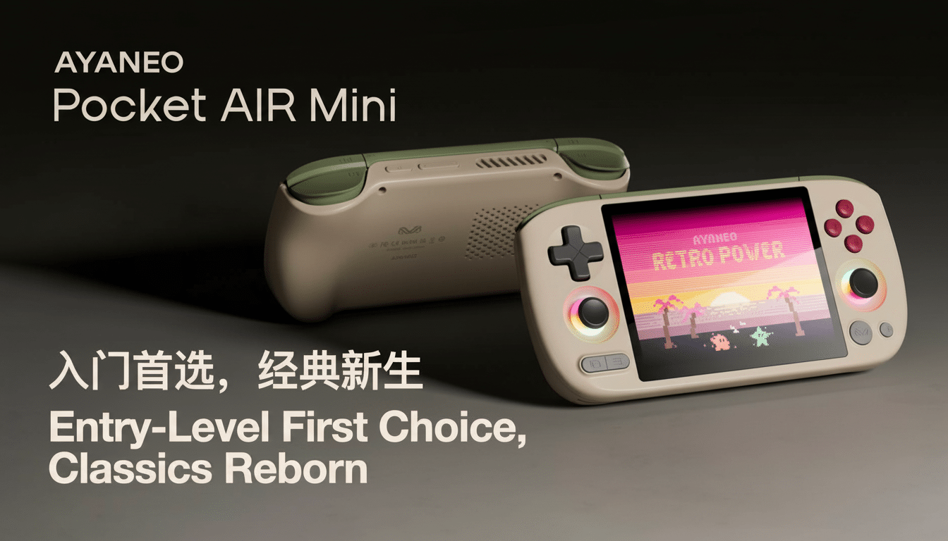 A 16:9 aspect ratio image of the AYANEO Pocket AIR Mini handheld gaming console, with one device facing forward displaying AYANEO RETRO POWER on its screen, and another device resting behind it, showing its back. The background is a professional flat design with soft patterns and gradients, maintaining the original products clean presentation.