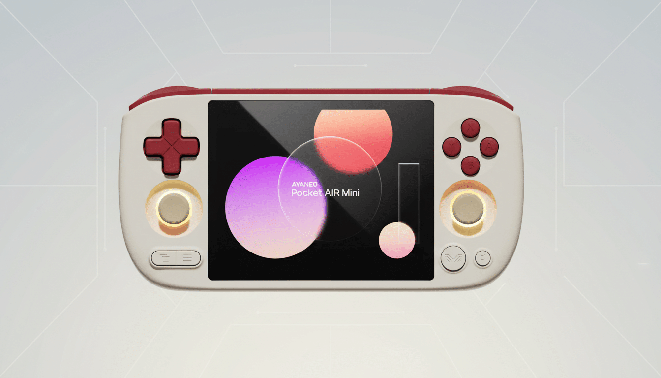 A white and red AYANEO Pocket AIR Mini handheld gaming console with a screen displaying colorful abstract shapes, set against a light gray background with subtle geometric patterns.