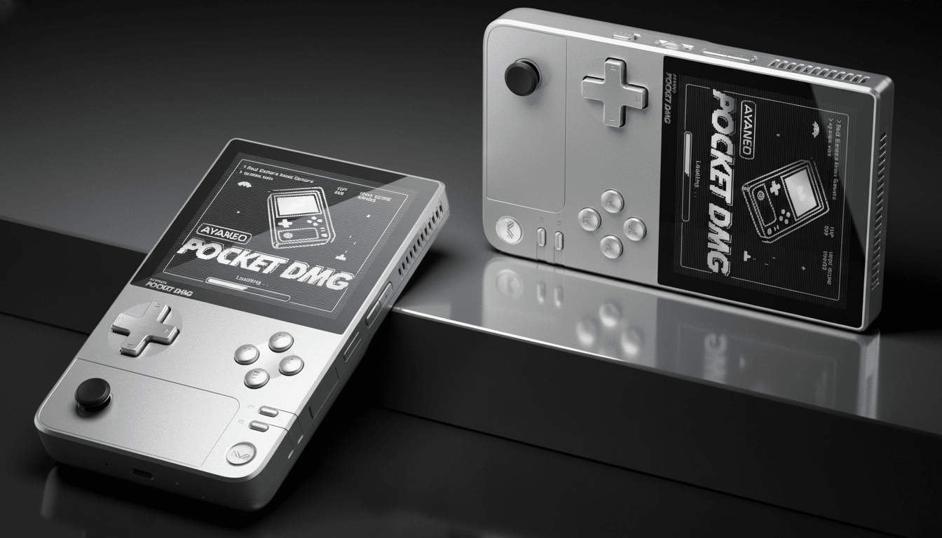Two silver AYANEO Pocket DMG handheld gaming devices are displayed on a dark, reflective surface. One device is lying flat in the foreground, and the other is standing upright in the background. Both screens show AYANEO POCKET DMG and a loading bar.