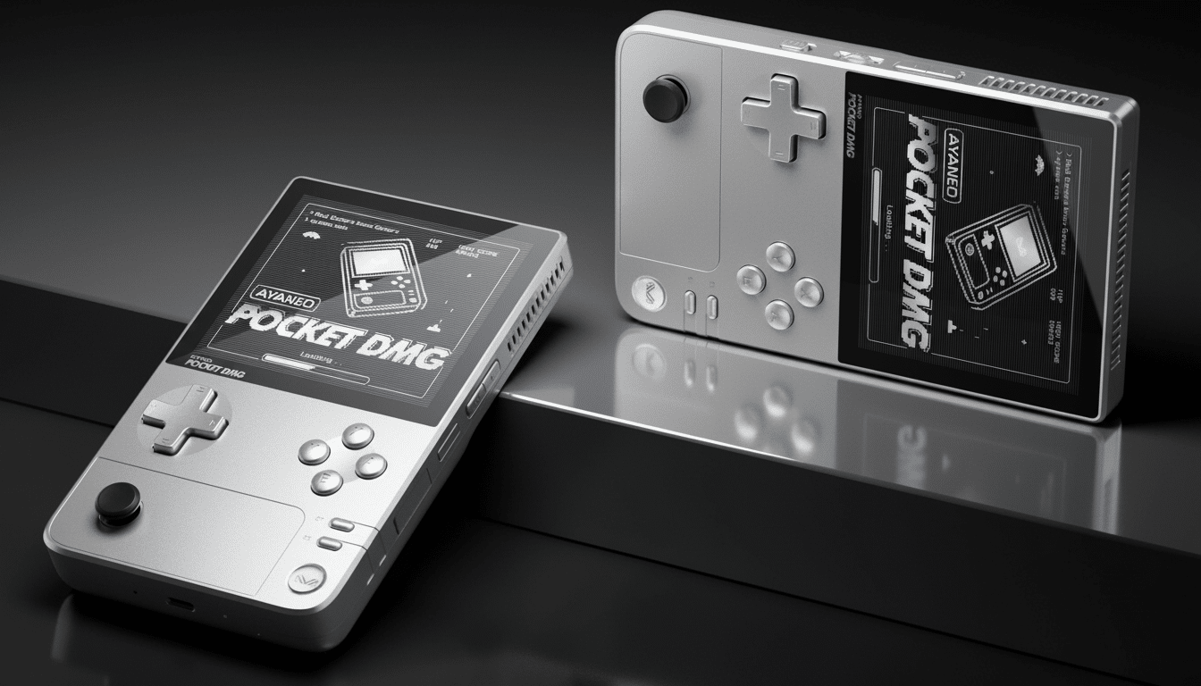 Two silver AYANEO Pocket DMG handheld gaming devices are displayed on a dark, reflective surface. One device is angled in the foreground, and the other is upright in the background.
