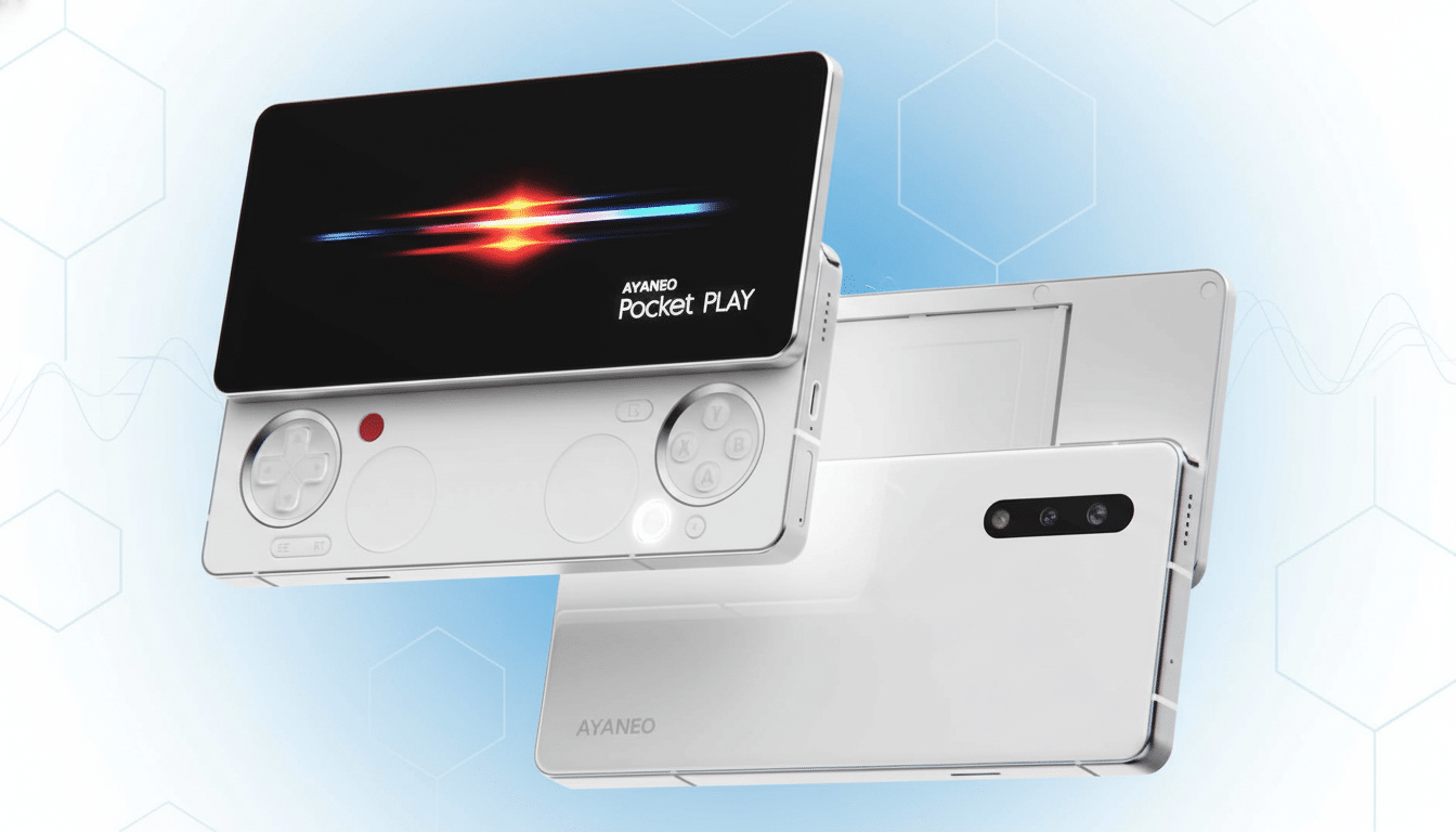 A white AYANEO Pocket Play handheld gaming device with a black screen displaying a colorful light effect and the Pocket Play logo, presented against a professional blue and white background with subtle geometric patterns.