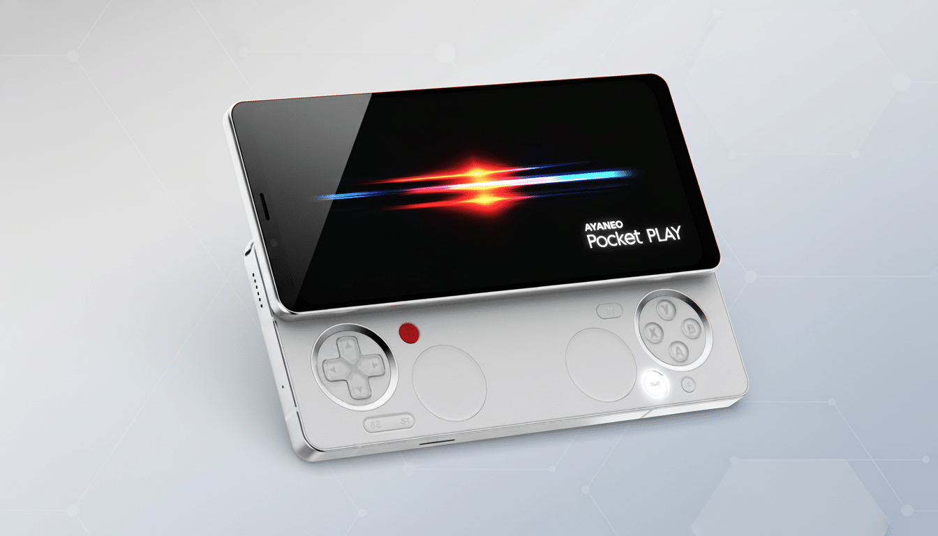 A professional, enhanced image of the AYANEO Pocket Play handheld gaming device, presented in a 16:9 aspect ratio with a clean, soft gray background featuring subtle geometric patterns.