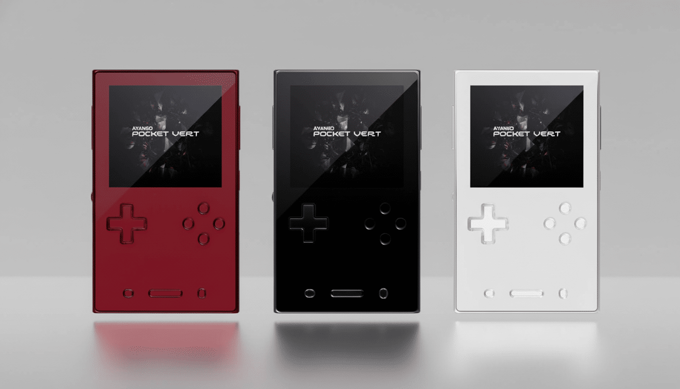 Three Ayaneo Pocket Vert handheld gaming devices in red, black, and white, presented on a clean, professional background.
