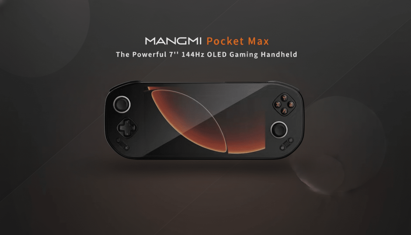 A black Mangmi Pocket Max gaming handheld with a dark orange and black screen, centered on a dark gray background with subtle circular patterns.