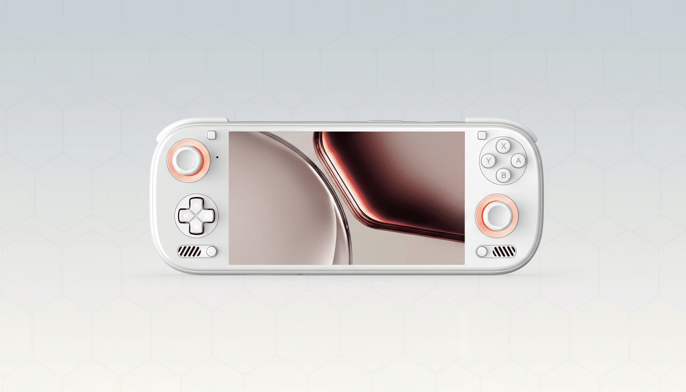 A white handheld gaming console with orange accents on the joysticks and buttons, presented on a professional light gray background with subtle geometric patterns.