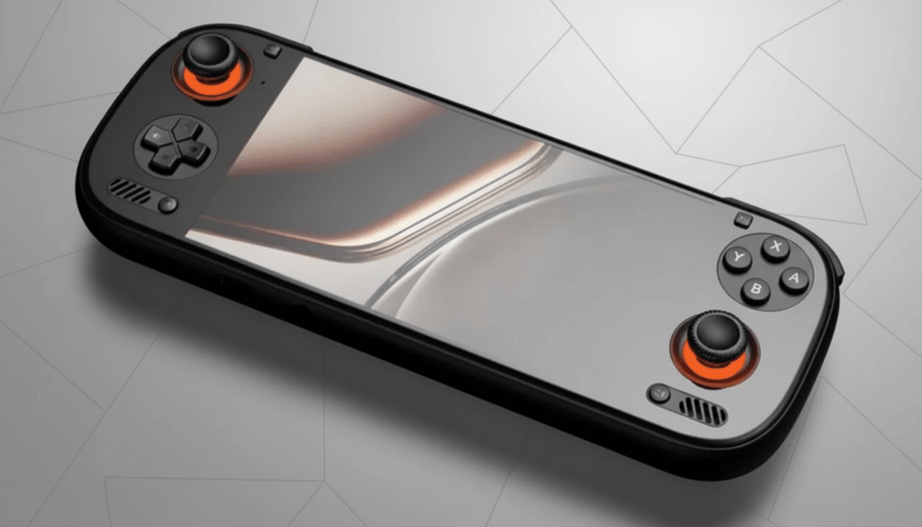 A sleek, black handheld gaming console with orange accents on the joysticks, presented on a professional flat design background with soft geometric patterns.
