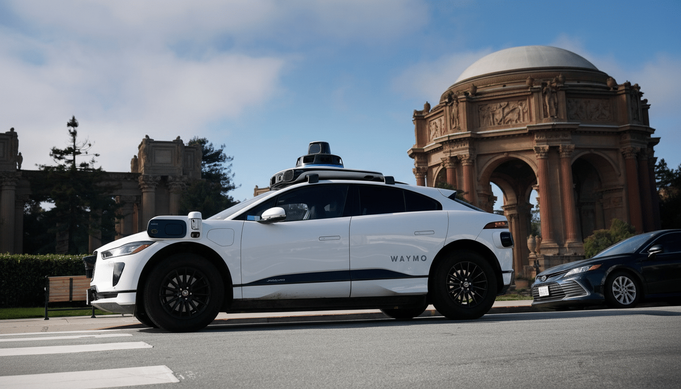 A white Waymo self-driving car is parked on a street with a classical building in the background.