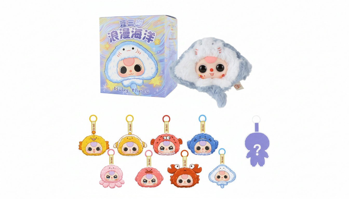 A white background features a Baby three branded box with a plush toy and several keychains. The box shows a character with a blue hood, while the plush toy is a white and blue stingray-like creature with a pink face. Below, seven keychains depict various sea creatures with similar cute faces, alongside a purple question mark keychain.