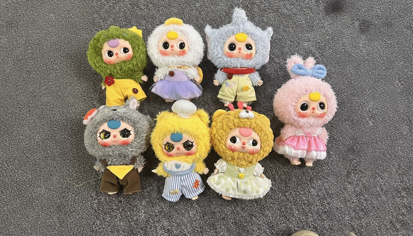 Eight plush dolls with large heads and small bodies, each dressed in a unique animal-themed outfit, are arranged on a dark gray textured surface.