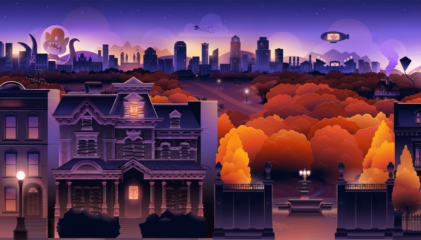 A vibrant, stylized illustration of a spooky mansion and autumn trees in the foreground, with a city skyline and a blimp in the background under a purple and orange twilight sky.