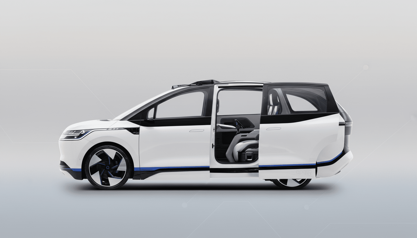 A white electric vehicle with blue accents and open doors, presented on a professional light gray background with subtle geometric patterns.