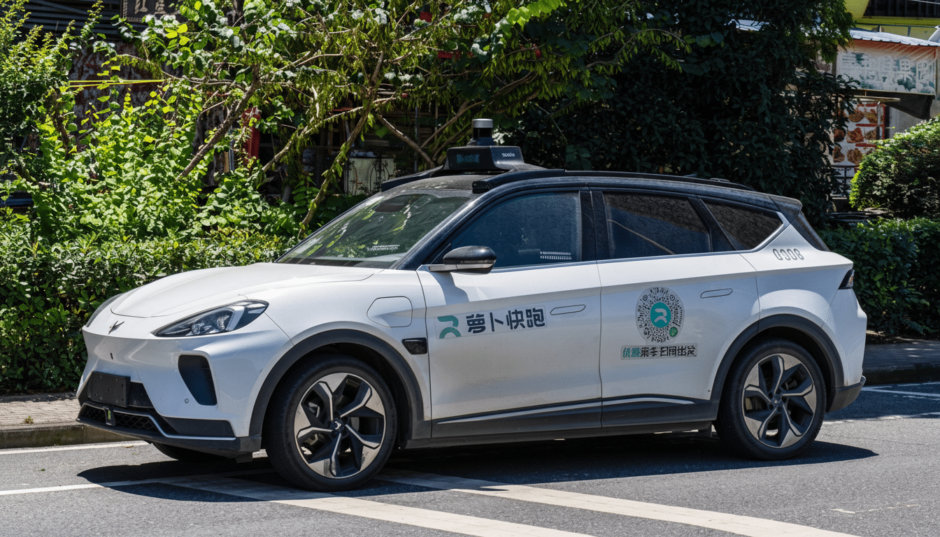 A white self-driving car with Chinese characters on its side, parked on a street with green foliage in the background.
