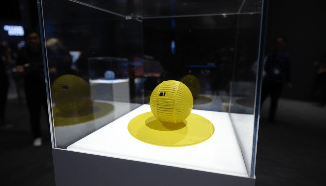 A yellow spherical robot with a textured surface and a small screen, displayed on a yellow circular base inside a glass case.
