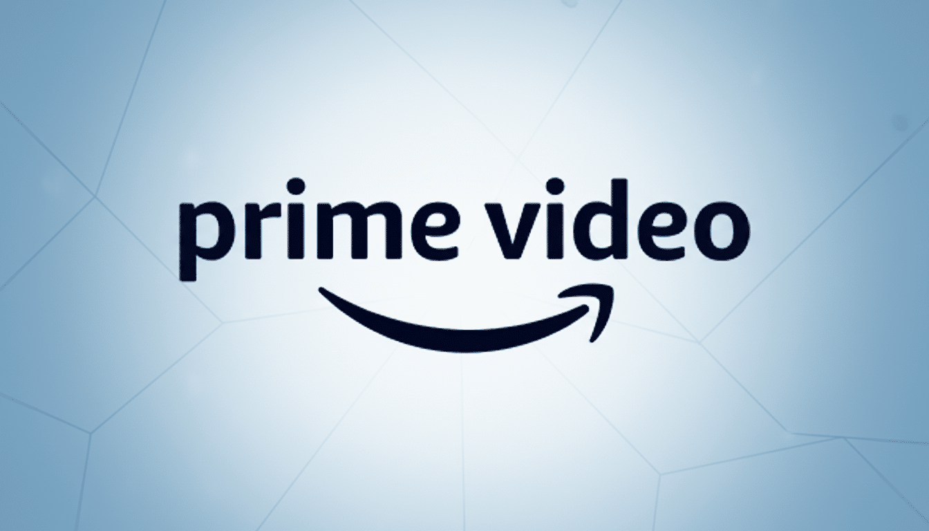 The Prime Video logo, featuring the words prime video in dark blue with the Amazon smile arrow underneath, set against a light blue background with subtle geometric patterns.