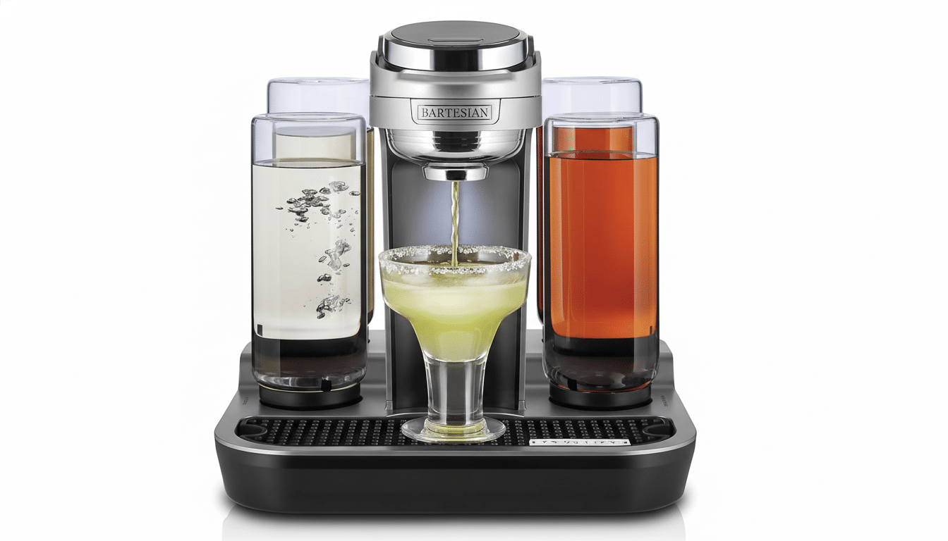 A Bartesian cocktail machine dispensing a green drink into a salt-rimmed glass, with four clear liquid containers on either side, set against a clean white background.