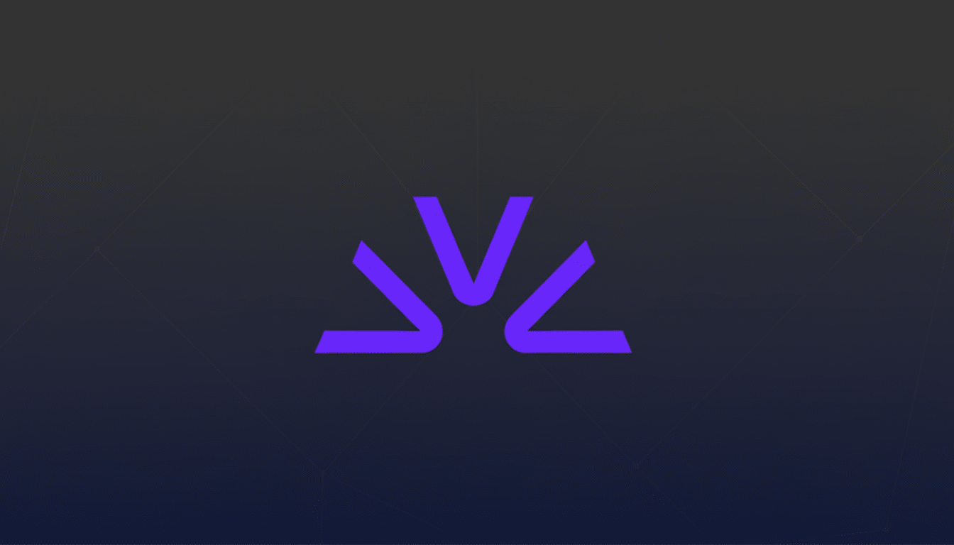 A purple abstract logo resembling a stylized sun or fan shape, centered on a dark grey background with subtle geometric patterns.