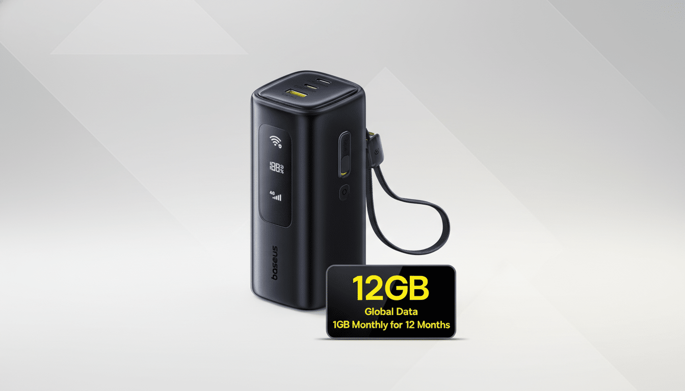 A black Baseus portable Wi-Fi device with a 12GB global data plan shown on a professional flat design background with soft patterns.