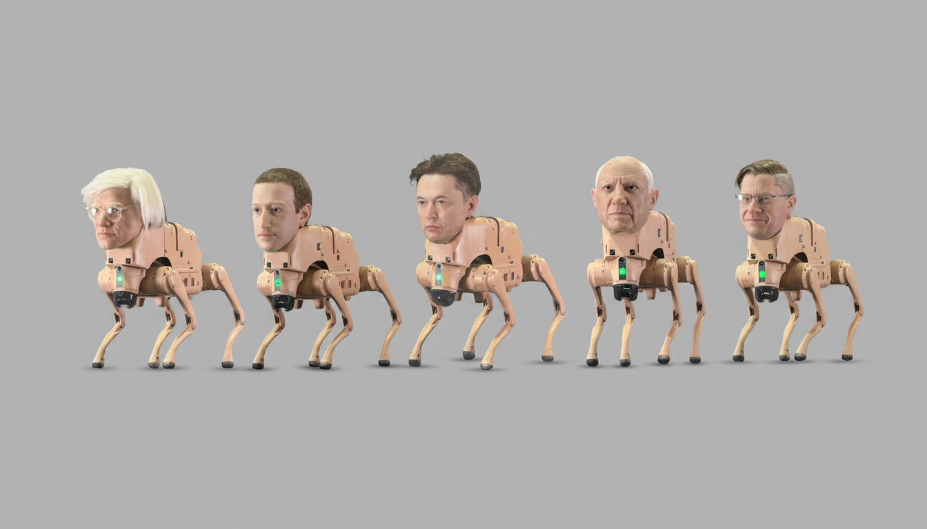 Five robotic dogs with the heads of famous tech figures, including Andy Warhol, Mark Zuckerberg, Elon Musk, and two others, are arranged in a line against a plain gray background.