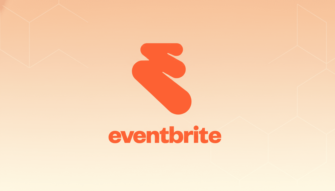 The Eventbrite logo, featuring an orange abstract E shape above the word eventbrite in orange lowercase letters, set against a professional light orange gradient background with subtle geometric patterns.