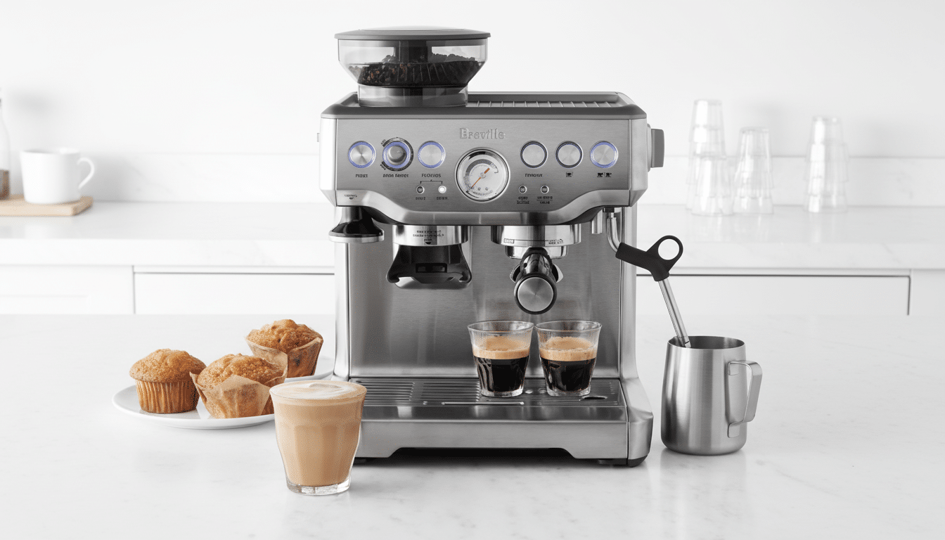 A Breville espresso machine on a white counter, with two shots of espresso, a latte, and muffins.