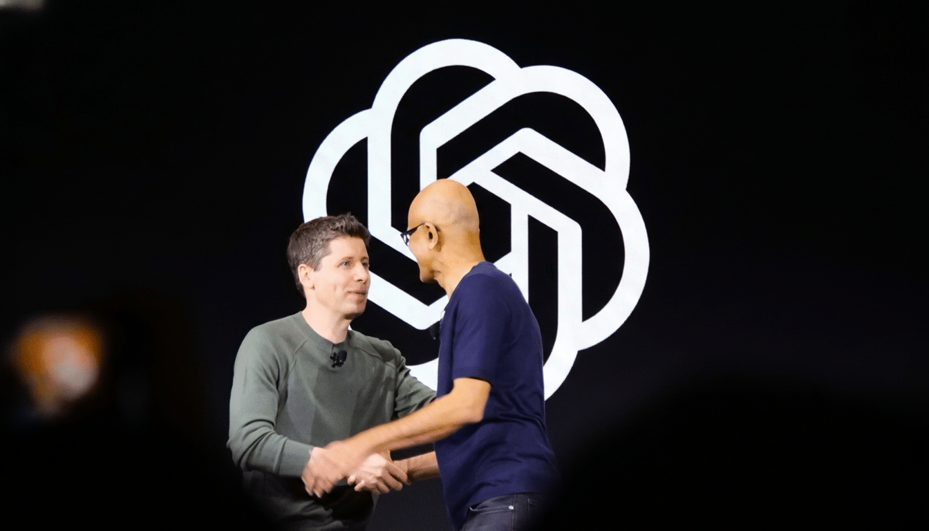 Two men shaking hands on a stage with a large white OpenAI logo in the background.
