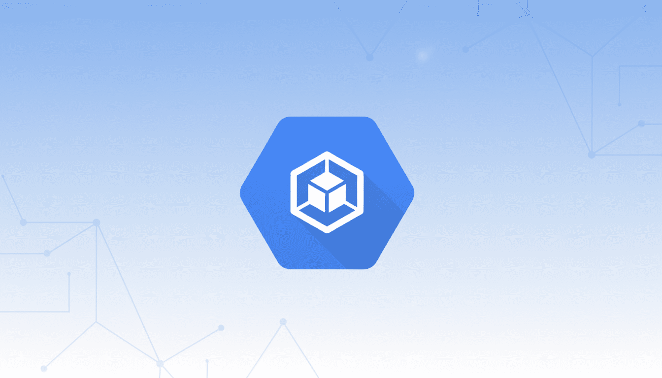 A blue hexagonal icon with a white cube design in the center, set against a light blue gradient background with subtle geometric patterns.