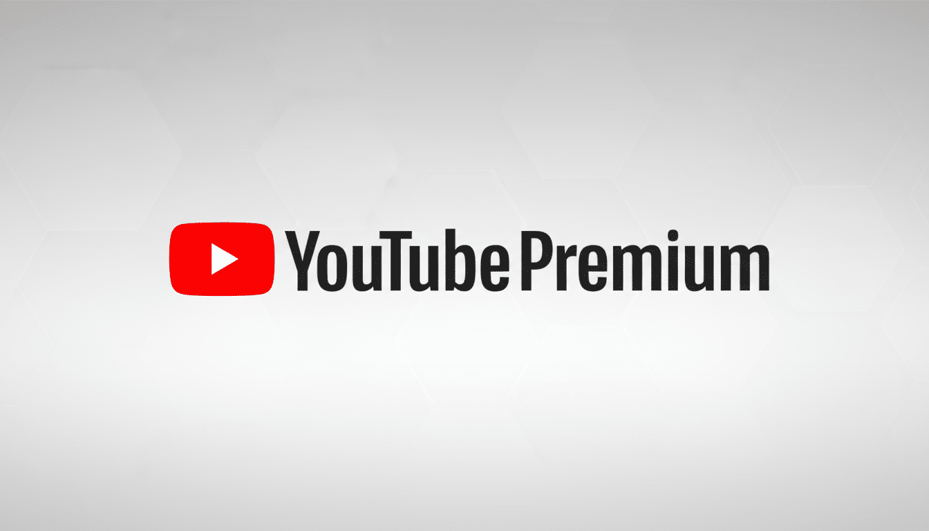 The YouTube Premium logo, featuring the red YouTube play button icon next to the words YouTube Premium in black text, set against a professional light gray background with subtle hexagonal patterns.