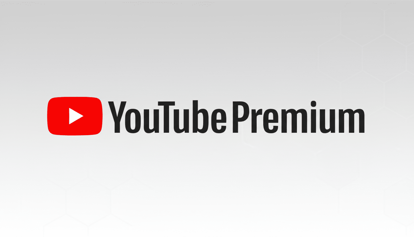 The YouTube Premium logo, featuring the red play button icon and YouTube Premium text, centered on a professional light gray background with subtle hexagonal patterns.