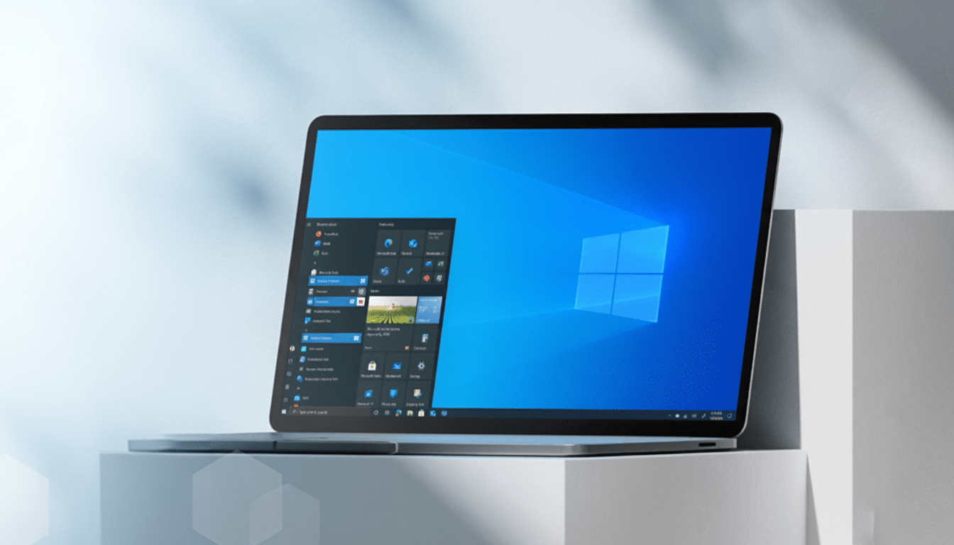 A laptop displaying the Windows 10 desktop and Start menu, set against a clean, professional background with soft lighting.