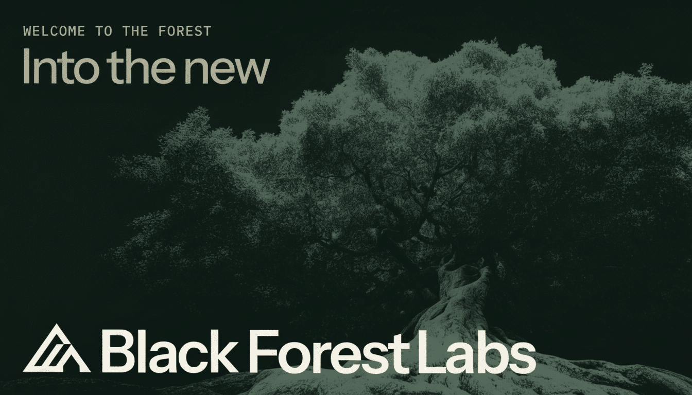 The Black Forest Labs logo and text WELCOME TO THE FOREST Into the new are displayed over a dark, stylized image of a large tree, resized to a 16:9 aspect ratio.