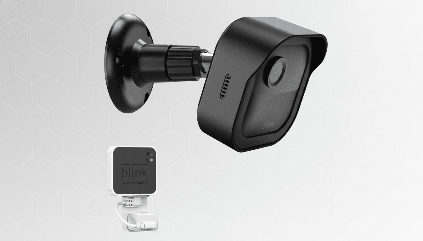 A black Blink outdoor security camera mounted on a wall, with a Blink Sync Module 2 plugged into an outlet below it, all presented on a professional flat design background with soft patterns.