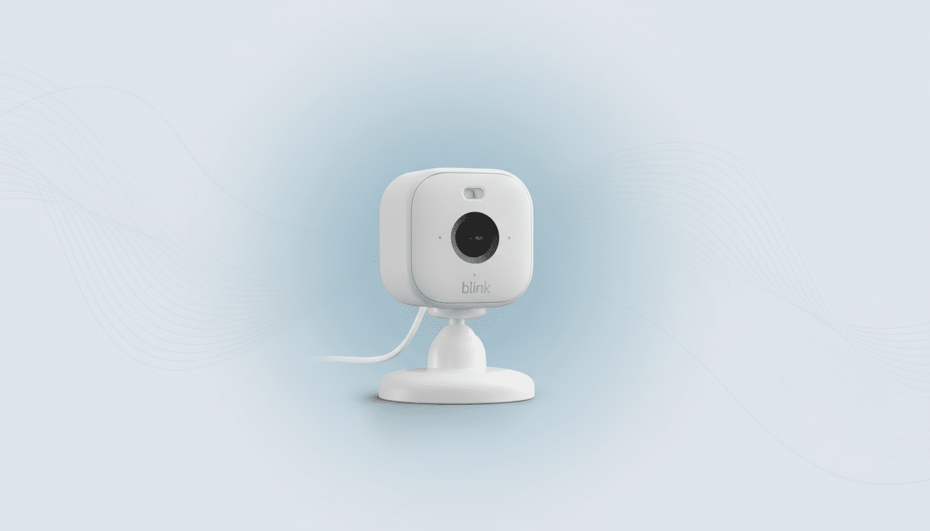 A white Blink security camera on a stand, presented on a light blue background with subtle wave patterns, resized to a 16:9 aspect ratio.