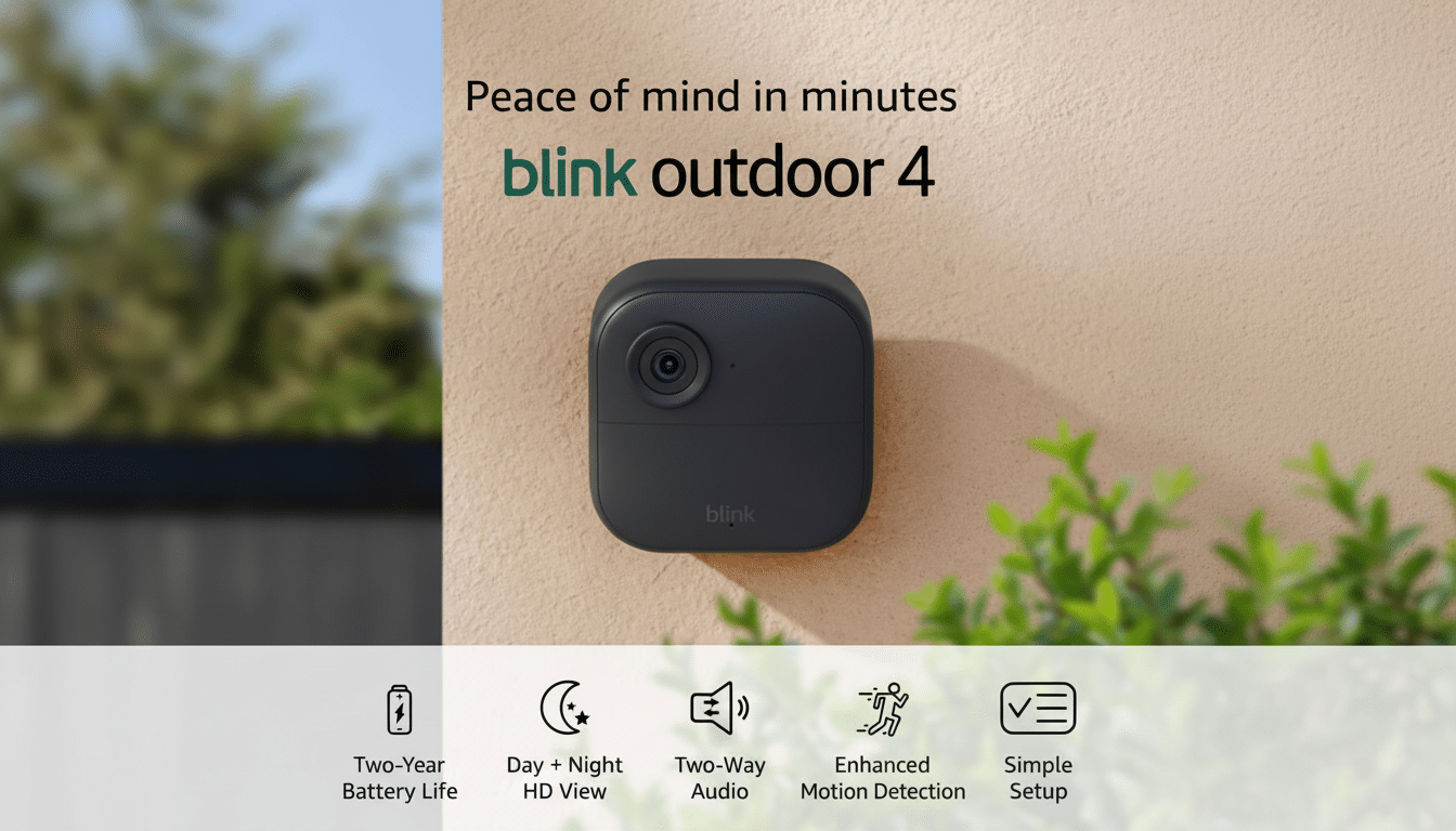 A Blink Outdoor 4 security camera mounted on a light brown wall, with green foliage in the foreground and background. The image is resized to a 16:9 aspect ratio. Text on the image reads Peace of mind in minutes blink outdoor 4 and lists features like Two-Year Battery Life, Day + Night HD View, Two-Way Audio, Enhanced Motion Detection, and Simple Setup.