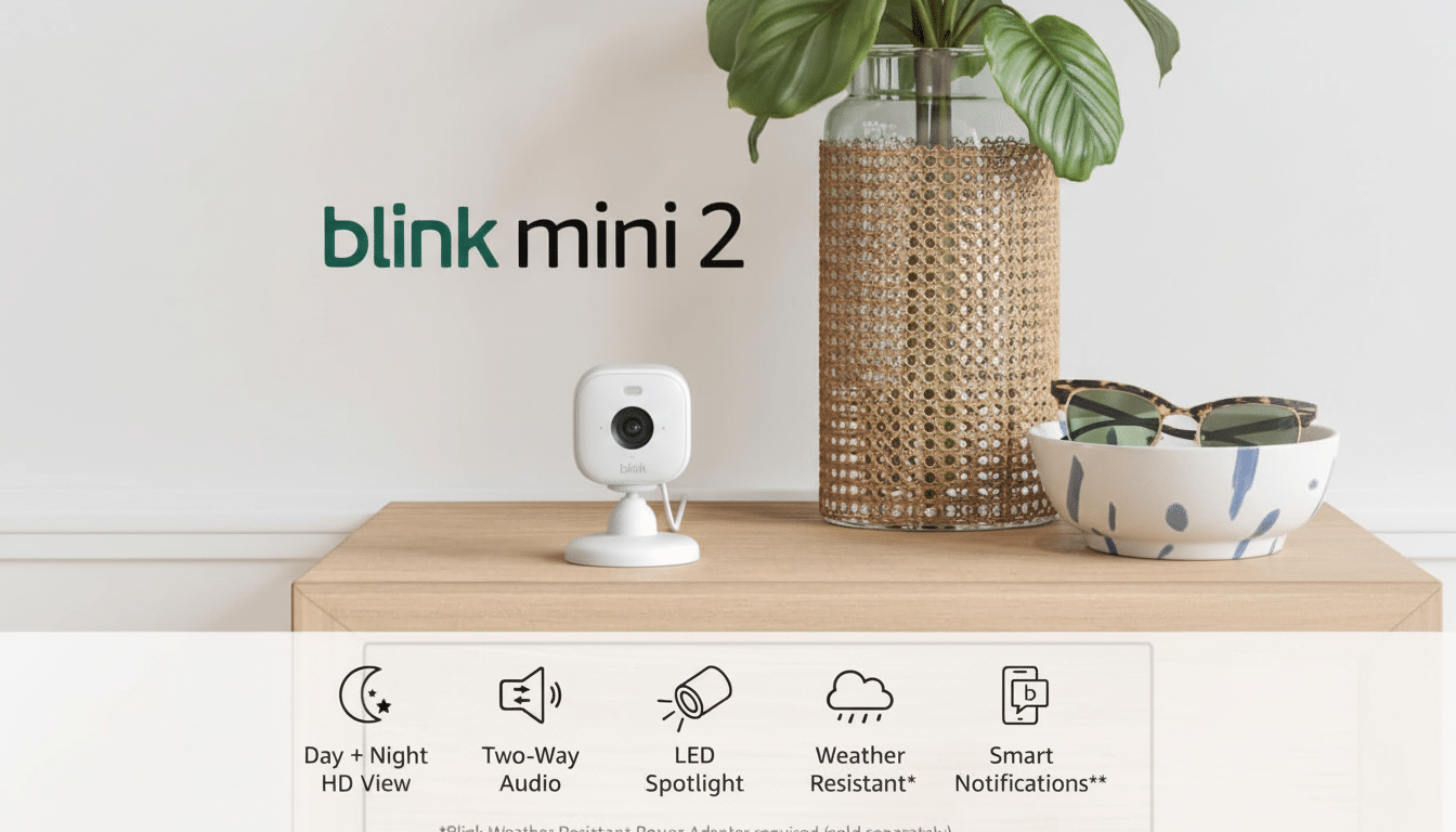 A Blink Mini 2 security camera on a wooden surface with a plant and sunglasses in the background, resized to a 16:9 aspect ratio.