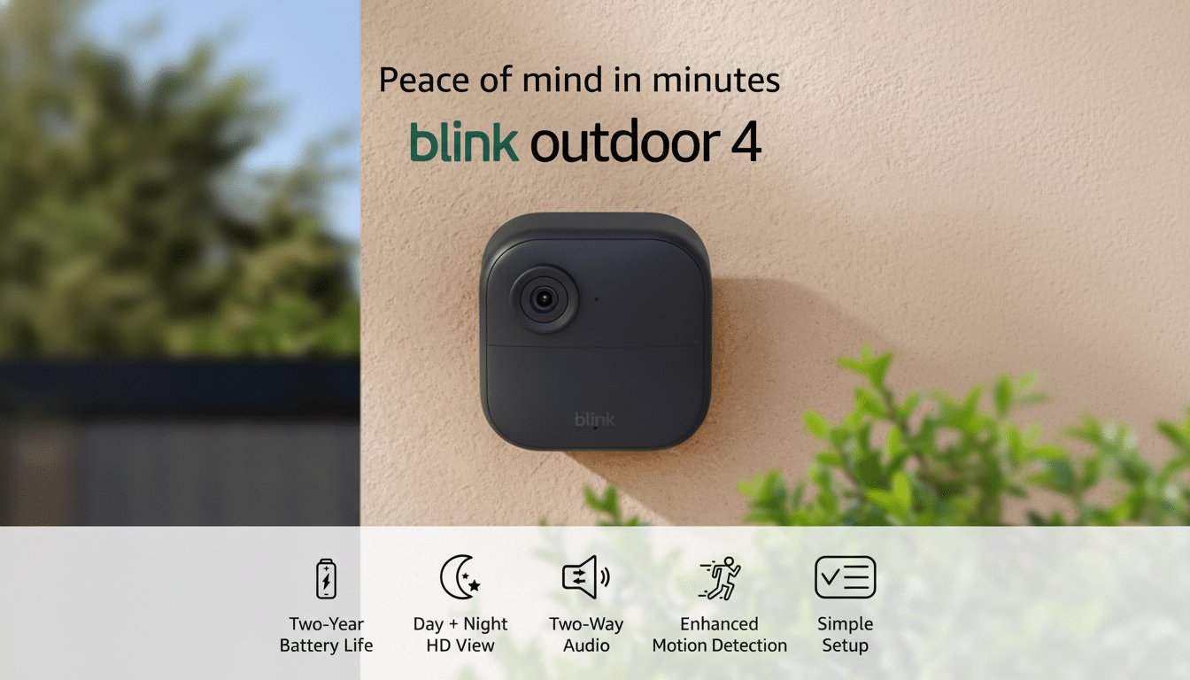 A Blink Outdoor 4 security camera mounted on a light brown wall, with blurred greenery in the background. Below the camera are five icons with text descriptions: Two-Year Battery Life, Day + Night HD View, Two-Way Audio, Enhanced Motion Detection, and Simple Setup. The text Peace of mind in minutes blink outdoor 4 is at the top right.